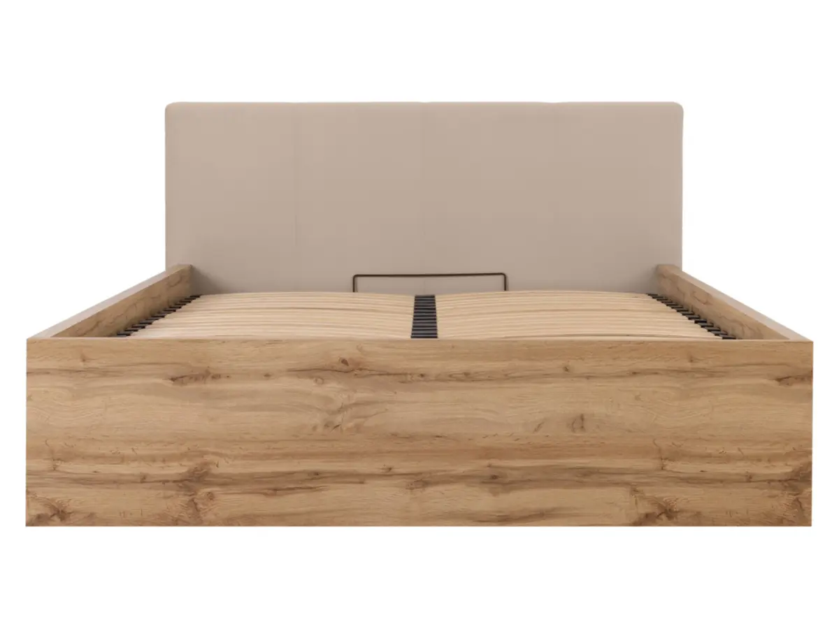 Cama Tetrix 160x200 con somier, arcón y cabecero tapizado roble wotan