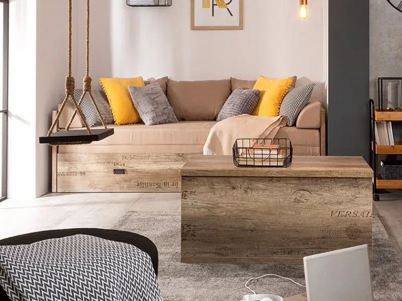 Cama extensible Malcolm 80-160x200 roble canyon monument con contenedor colchón y cojines beige