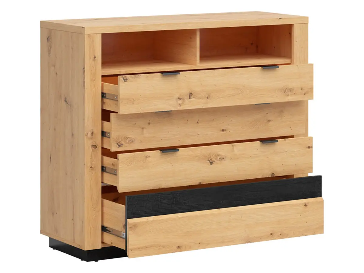 Cómoda Ostia 117 cm con 4 cajones y 2 estantes roble artisan/roble negro