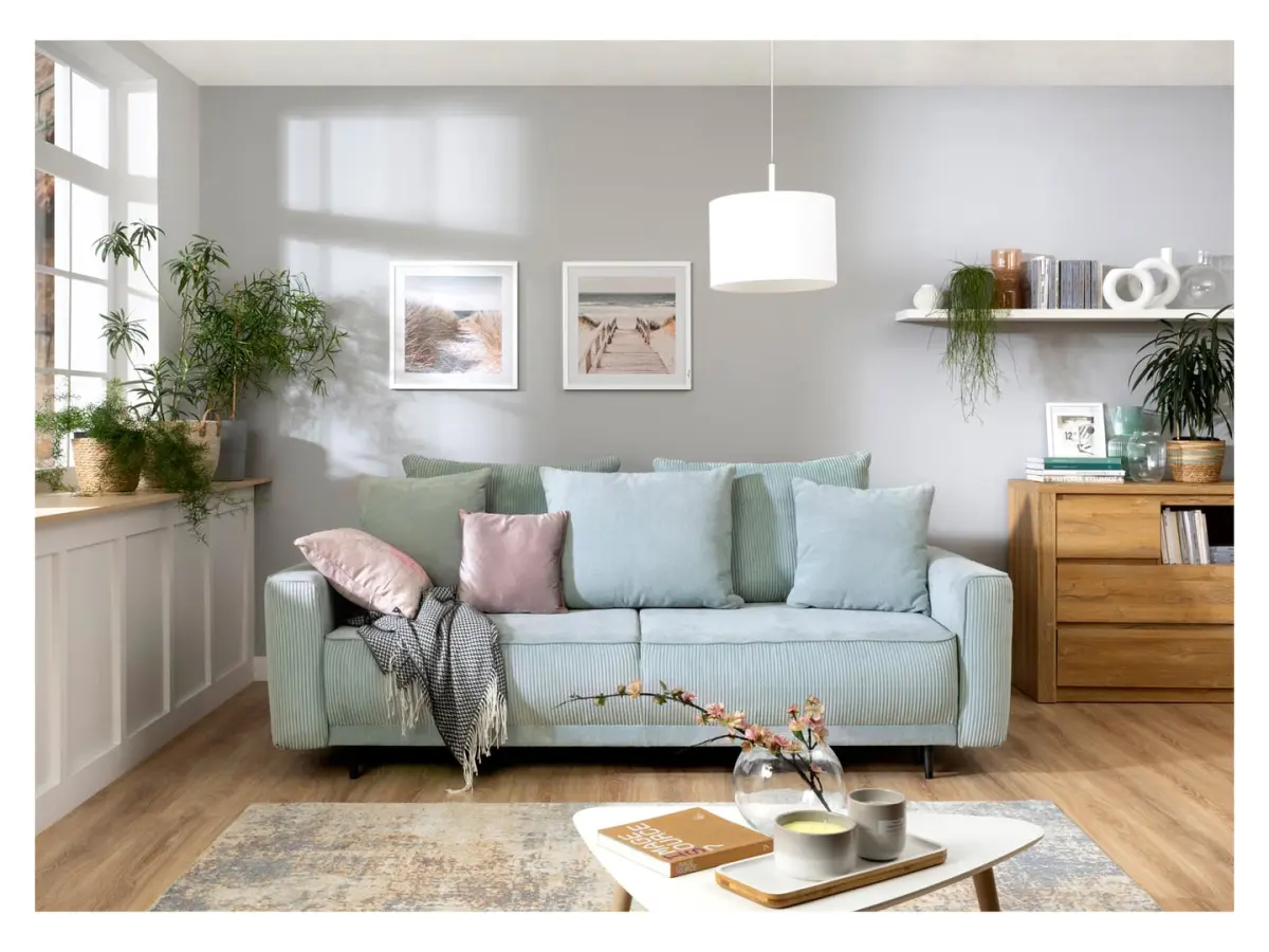 Sofá de tres plazas Larisa 2 convertible con arcón de chenilla menta