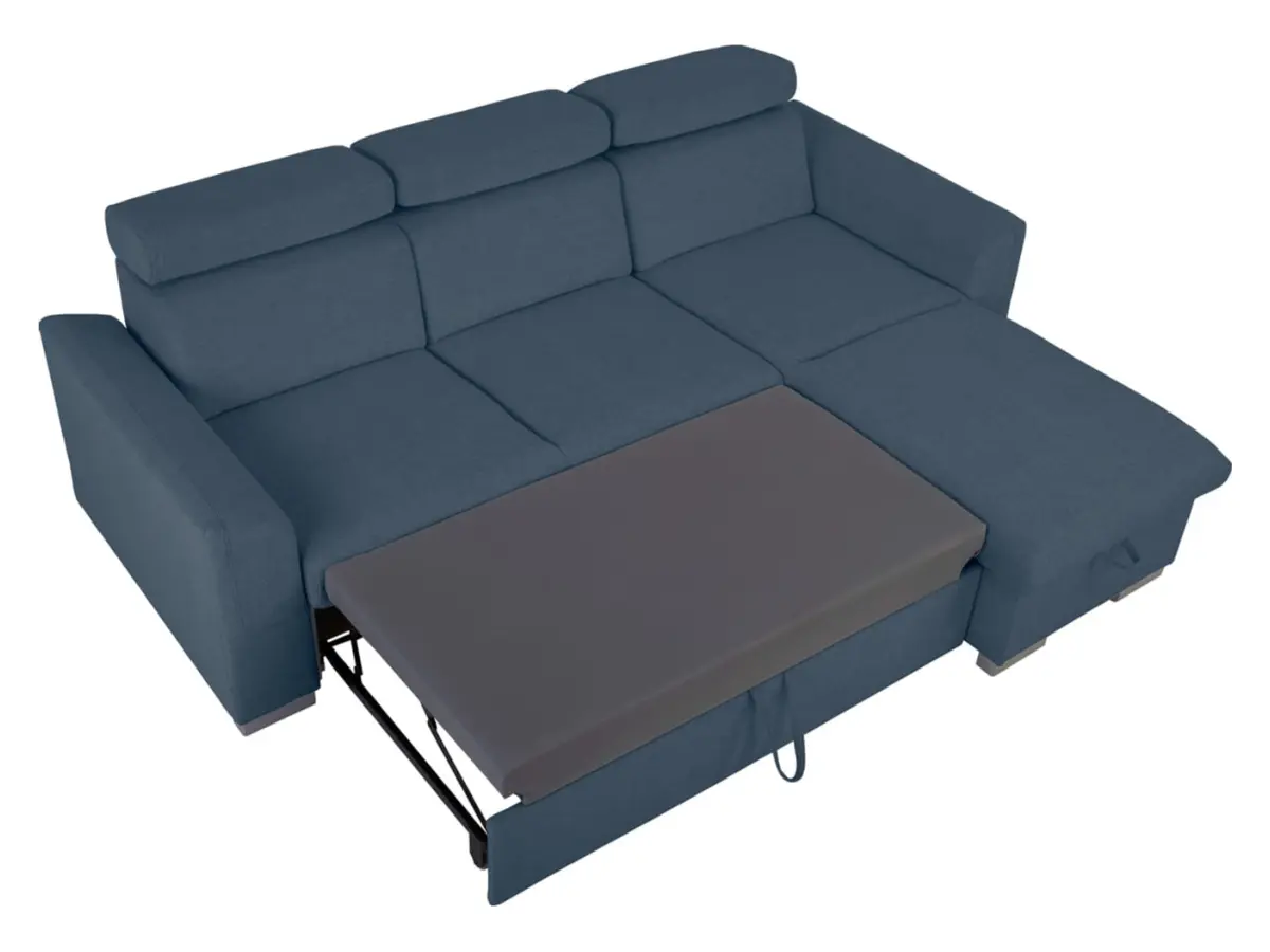 Sofá rinconera universal Evia con función de cama, arcón y reposacabezas ajustables azul