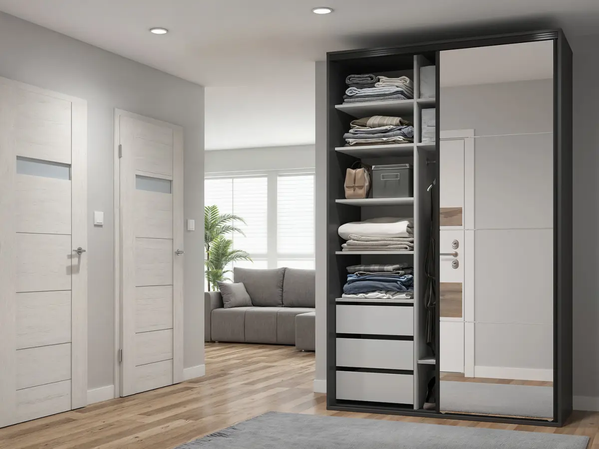 Armario de puertas correderas Flex 150 cm con espejo grafito/roble artisan