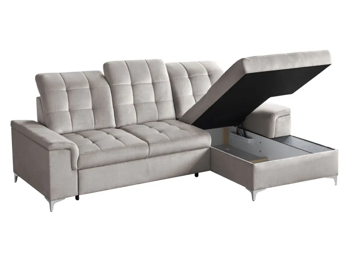 Sofá rinconera derecho Ariado convertible con arcón de terciopelo beige