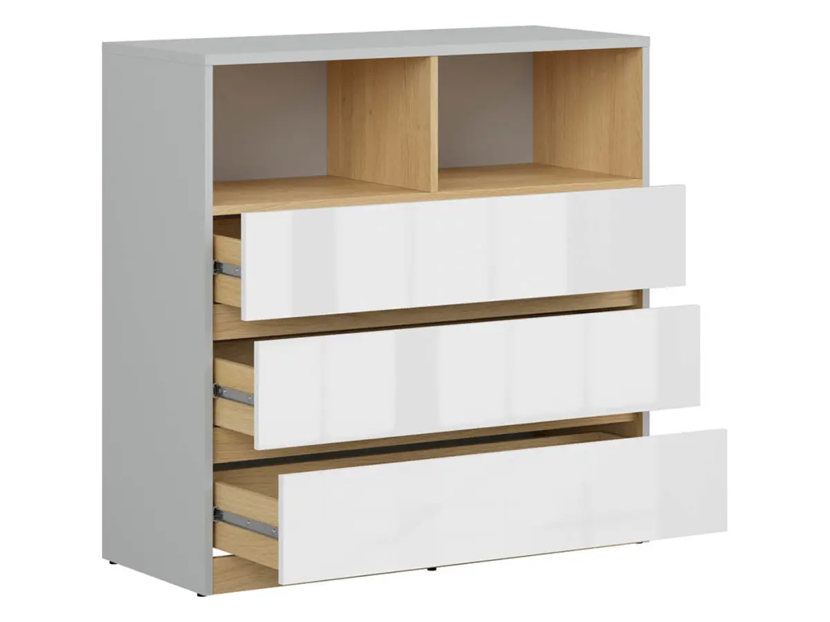 Комод Nandu 90 см с 3 ящиками и 2 полками светло-серый/дуб польский/белый глянец