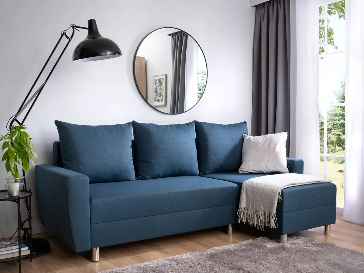 Sofá rinconera universal Malin convertible con arcón tejido trenzado azul