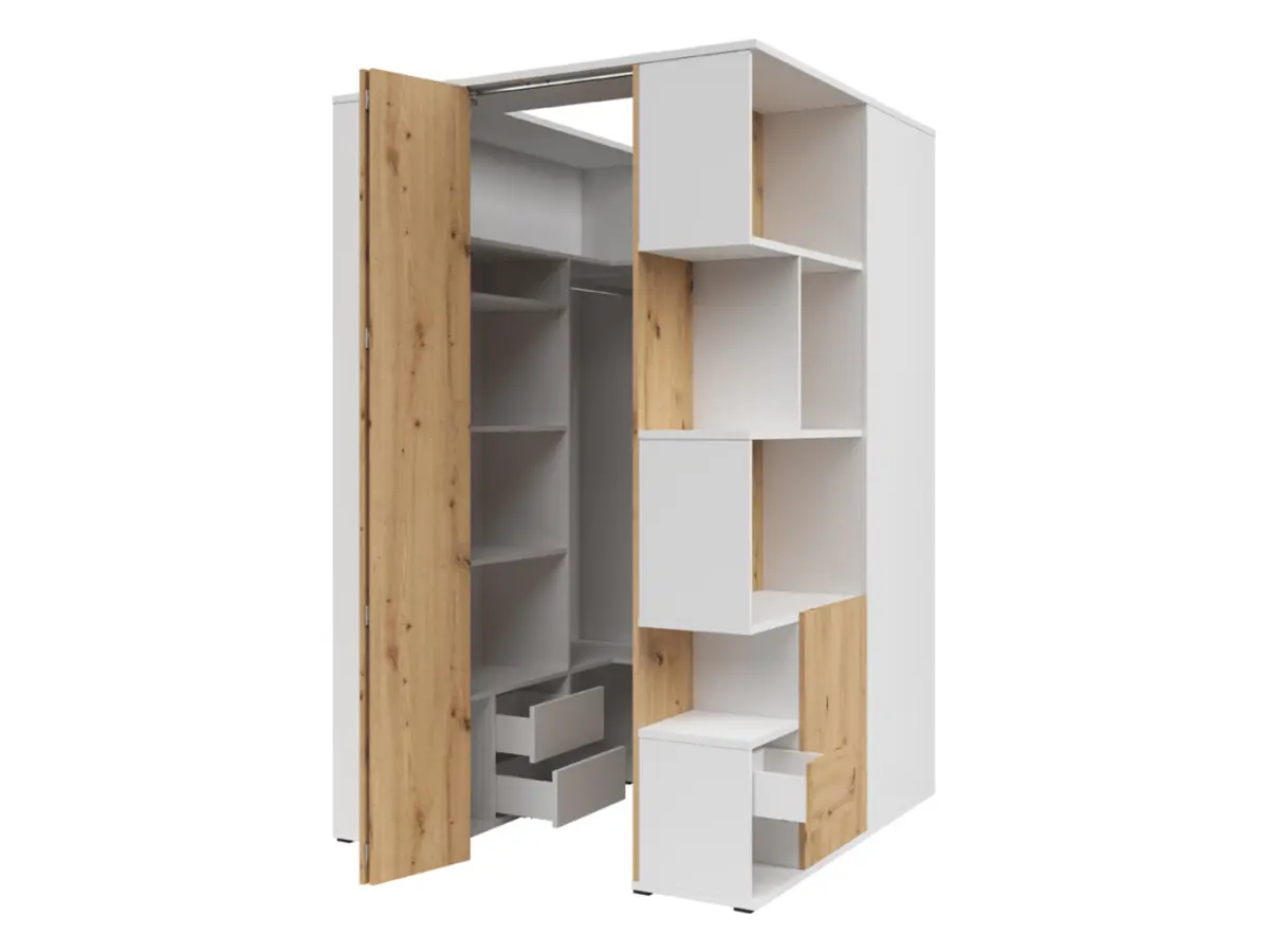 Armario de esquina izquierdo Homeland 136 cm vestidor con 2 puertas y 3 cajones blanco/roble artisan