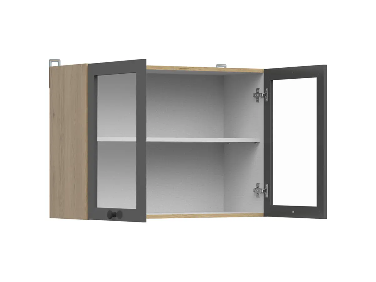 Armario superior de cocina Junona Line 80 cm de dos puertas con vitrina roble bernstein/grafito