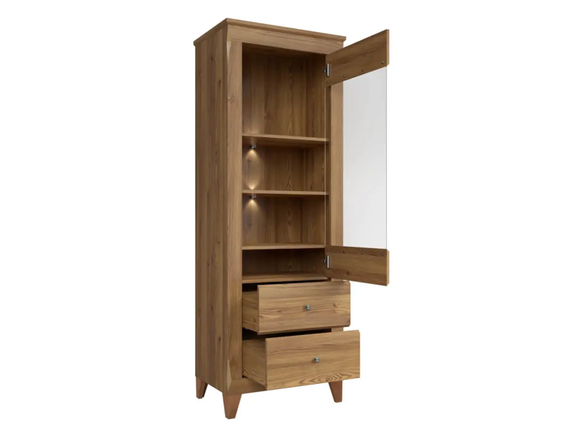 Vitrina Bergen 72 cm con puertas y 2 cajones alerce sibiu dorado