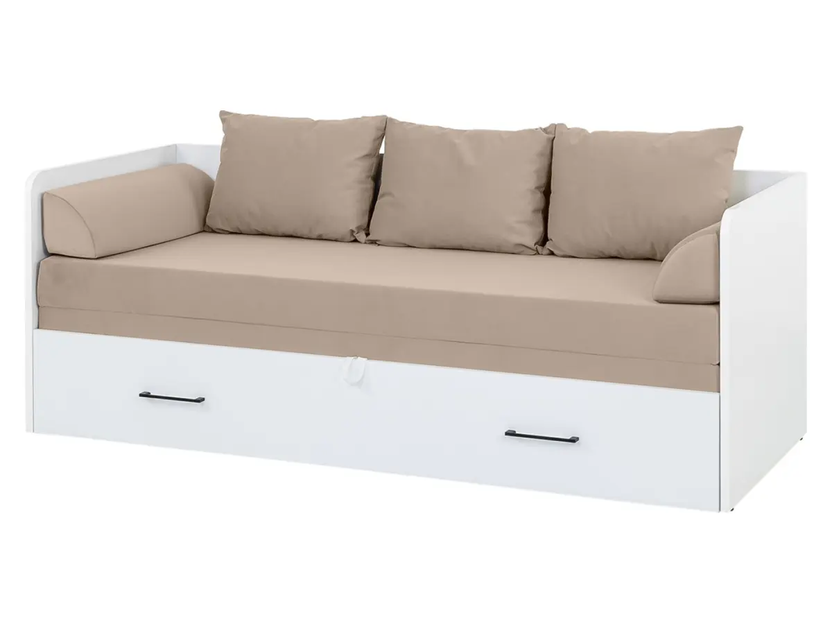 Cama extensible Tetrix blanco brillo 80-160x200 con contenedor colchón y cojines beige