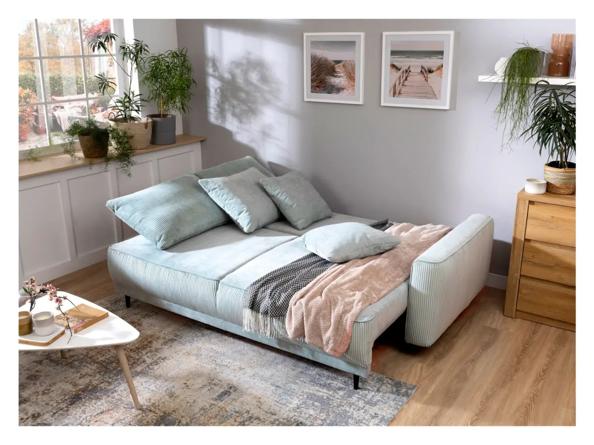 Sofá de tres plazas Larisa 2 convertible con arcón de chenilla menta