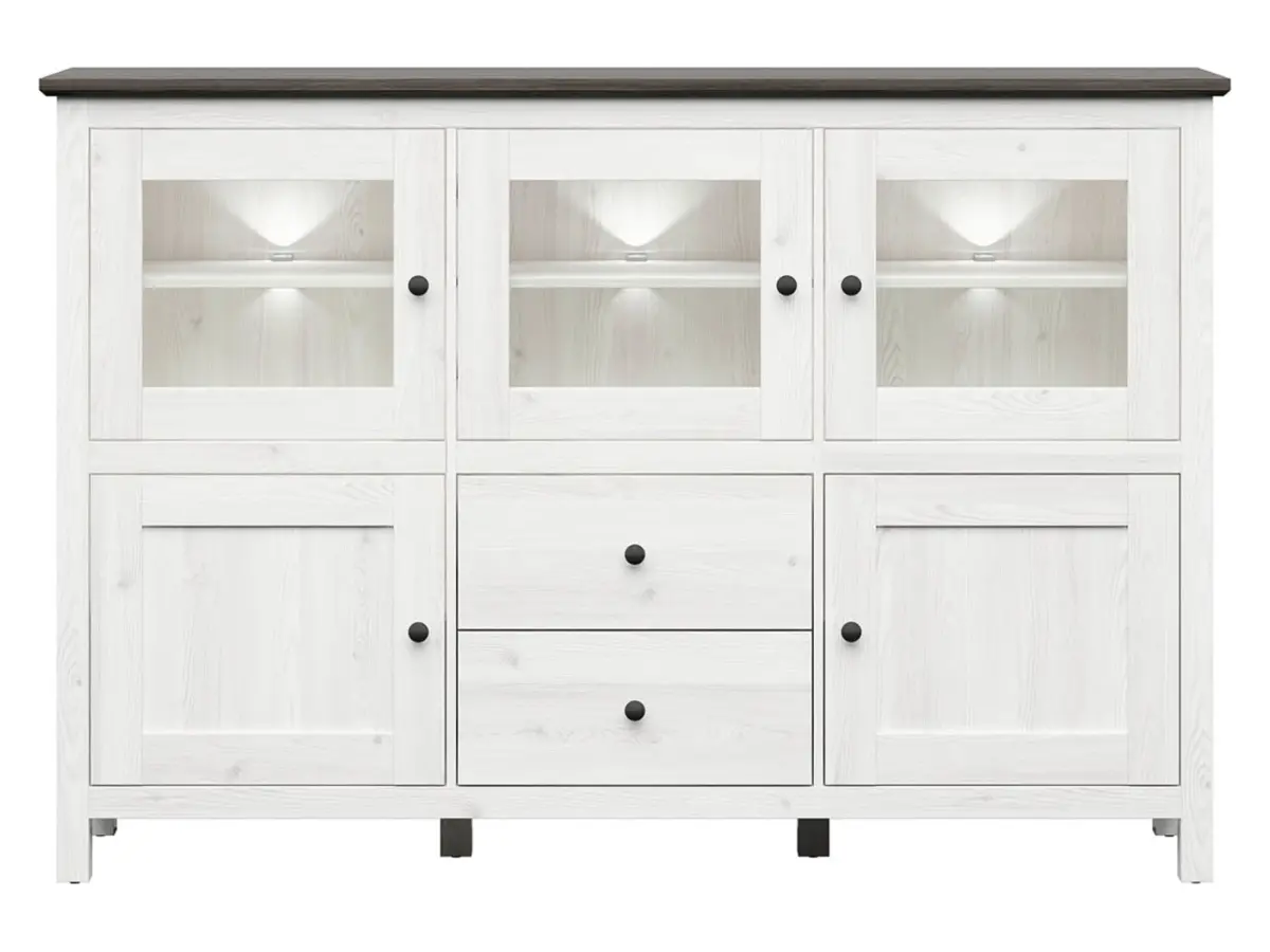 Cómoda Hesen 186 cm vitrina con 5 puertas y 2 cajones alerce sibiu claro/pino larico