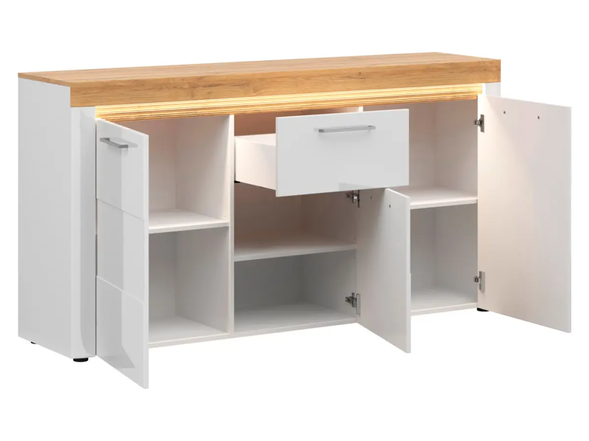 Cómoda Horton 170 cm con 3 puertas y un cajón roble dorado grandson/blanco brillo