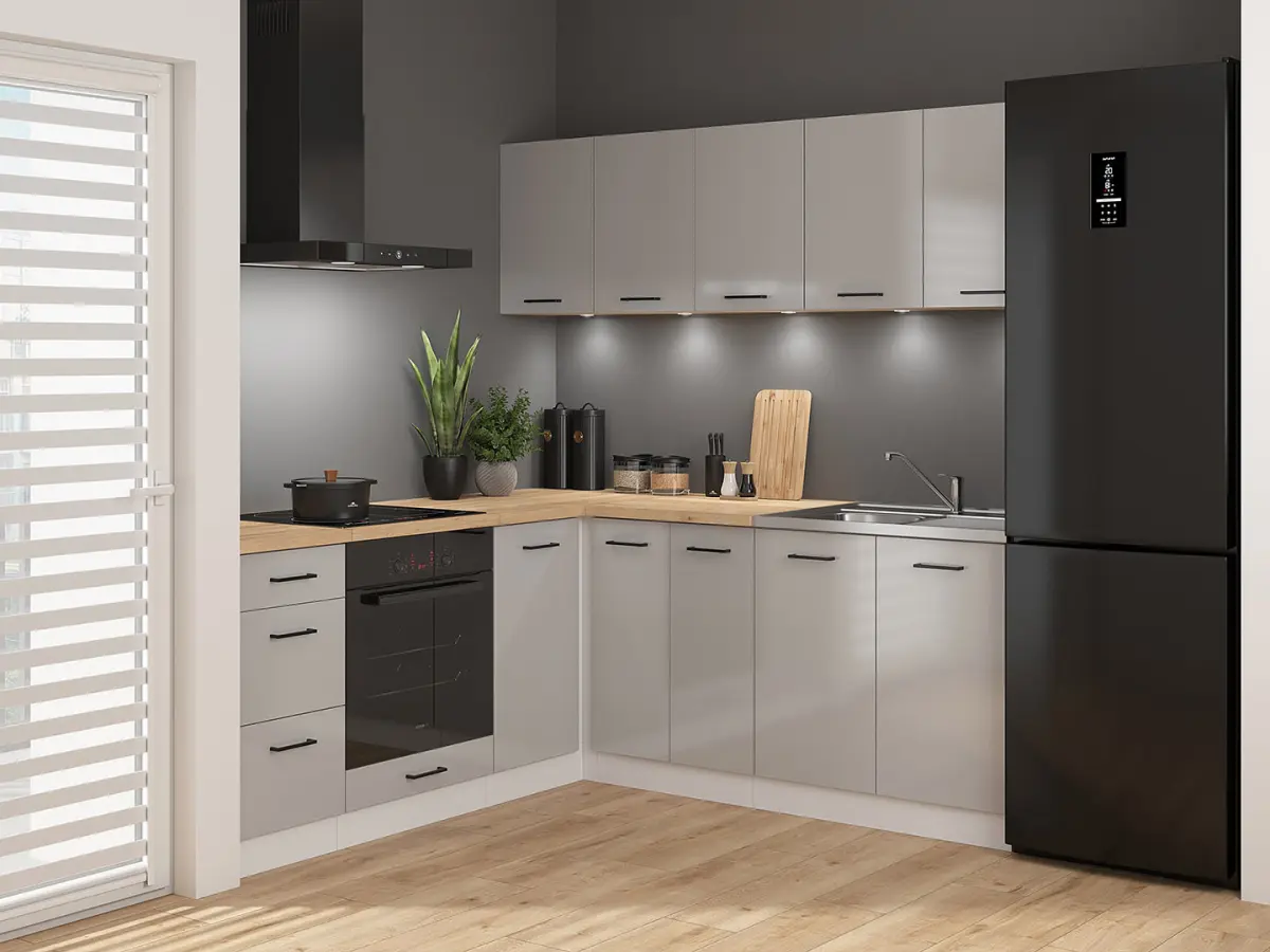 Conjunto de cocina de esquina Junona Line 200x200 gris claro brillo con encimera