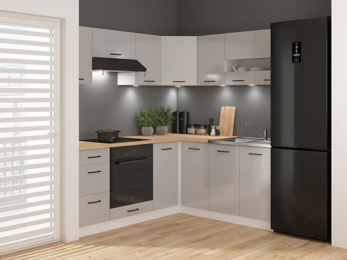 Conjunto de cocina esquinero Junona Line 180x200 gris claro brillo con encimera