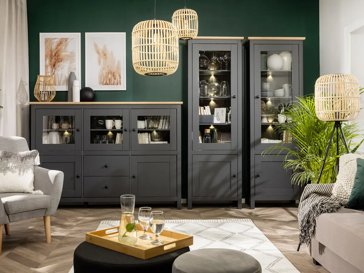 Aparador Hesen 186 cm vitrina con 5 puertas y 2 cajones grafito/roble artisan