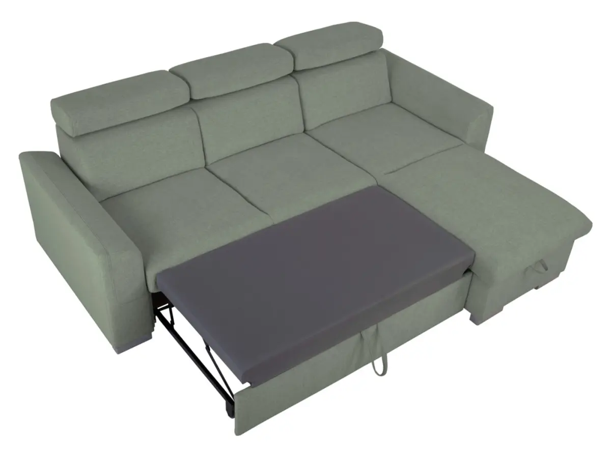 Sofá de esquina universal Evia con función de cama, arcón y reposacabezas ajustables verde