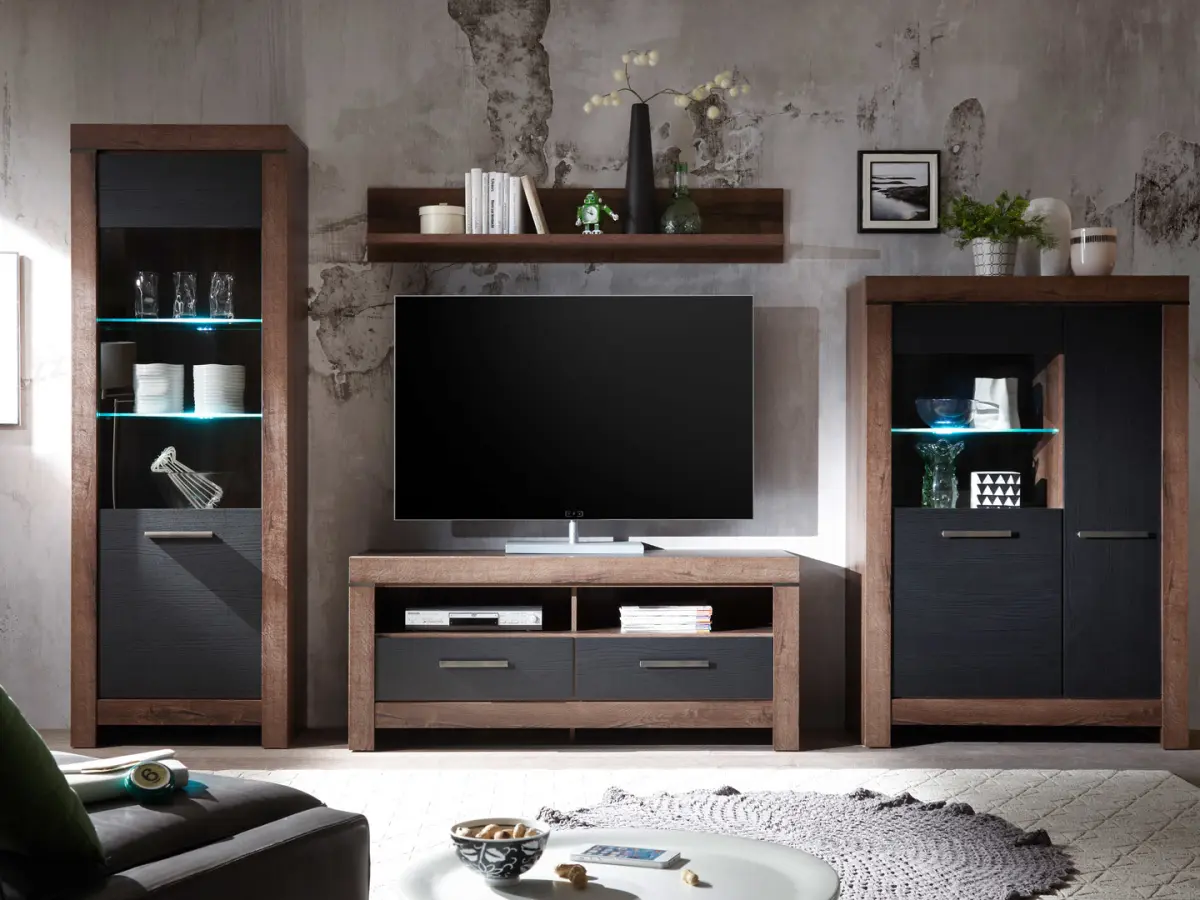Mueble RTV Balin 140 cm con 2 cajones y estante roble monastery/negro
