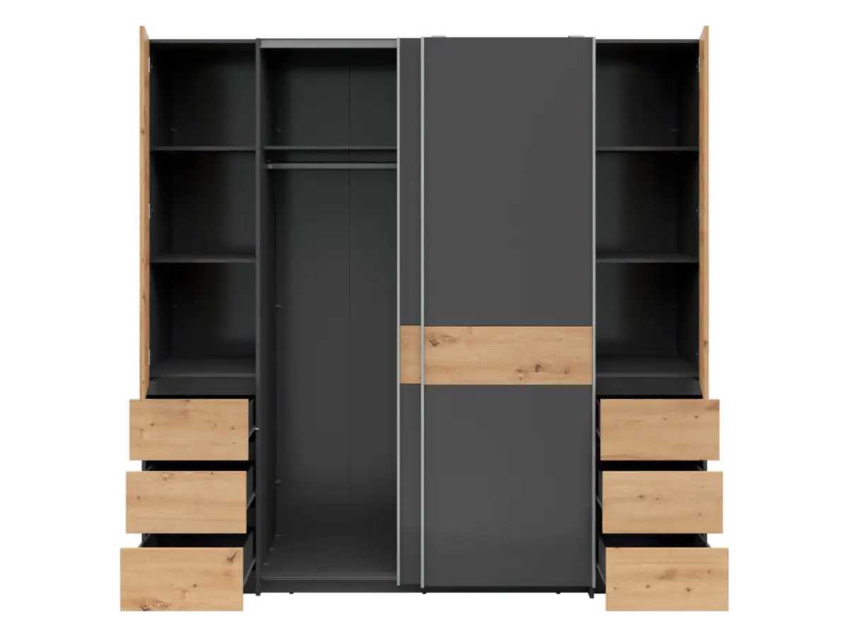 Armario de puertas correderas Fabio 215 cm con cajones grafito/roble artisan