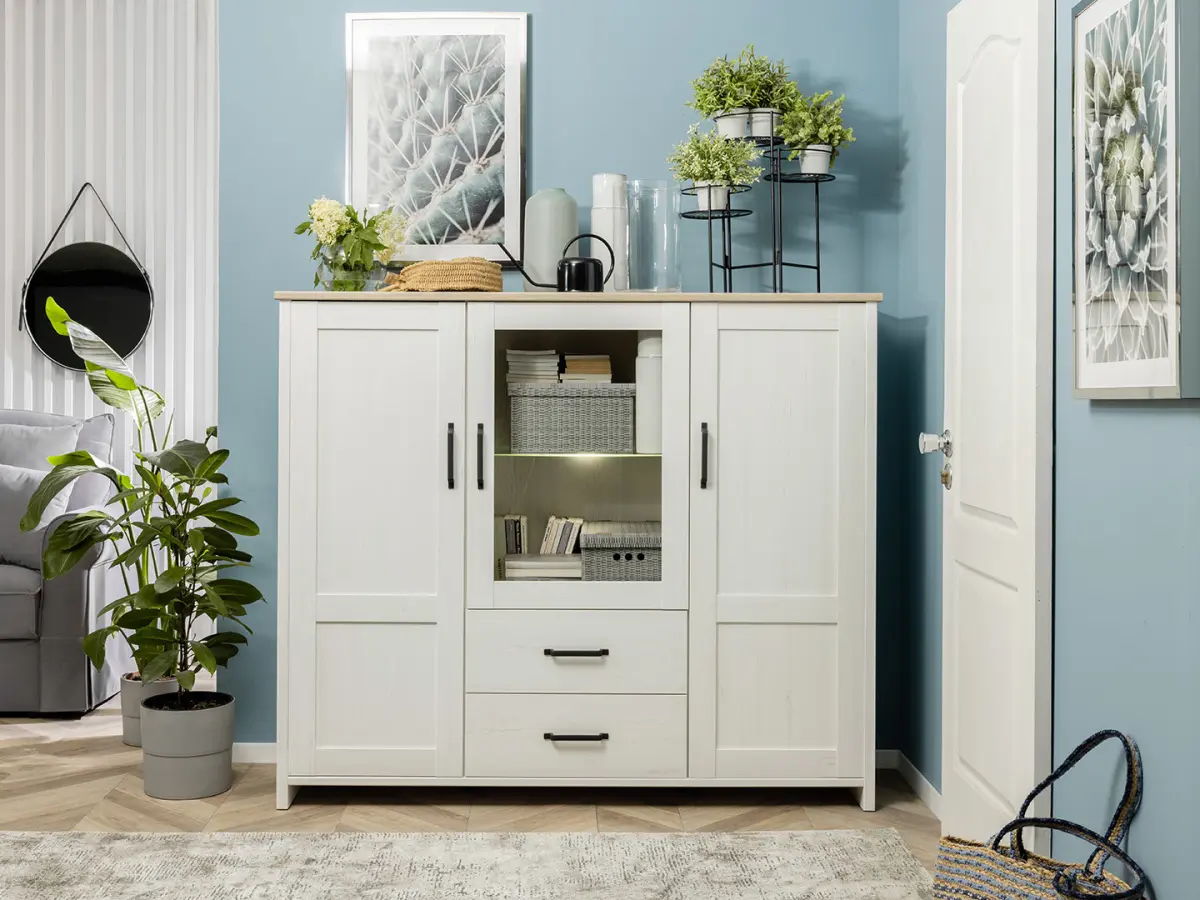 Vitrina Loksa 160 cm con 3 puertas pino andersen blanco