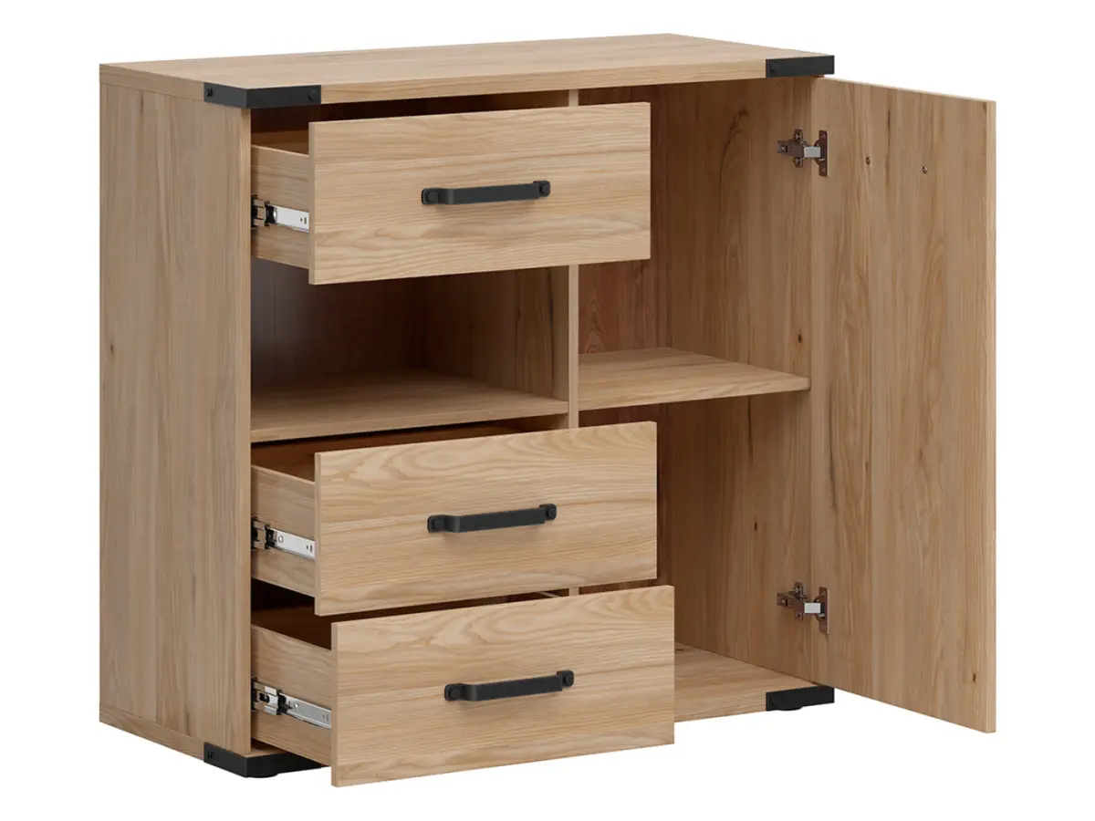 Cómoda Lara 90 cm con puertas 3 cajones y estante fresno belarus