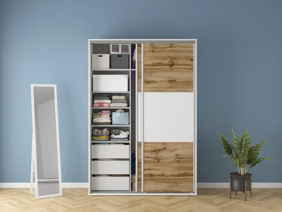 Armario de puertas correderas Flex 150 cm blanco/roble wotan