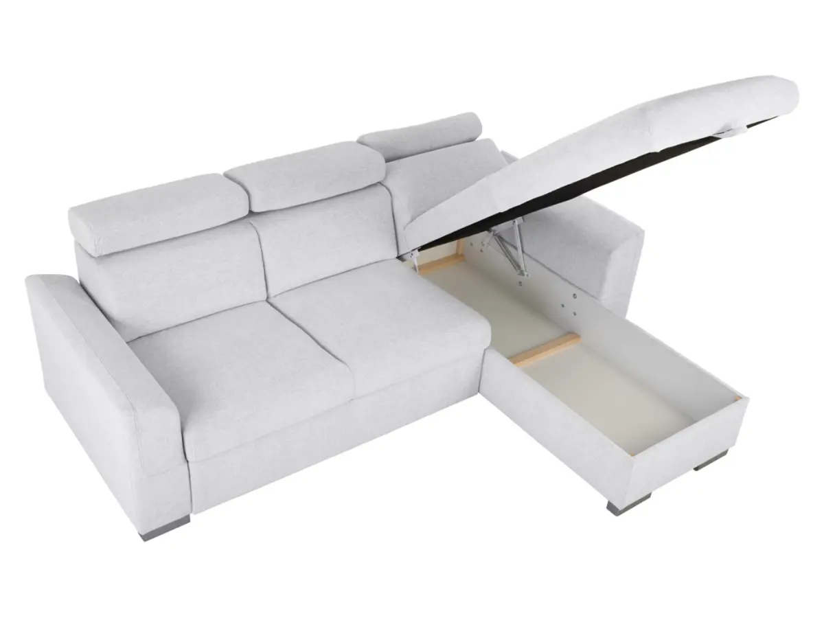Sofá rinconera universal Evia con función de cama, arcón y reposacabezas ajustables gris claro