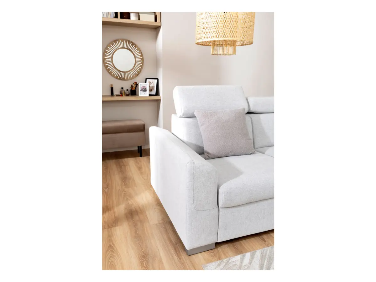 Sofá rinconera universal Evia con función de cama, arcón y reposacabezas ajustables gris claro