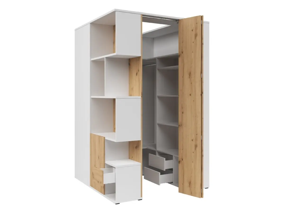 Armario de esquina derecho Homeland 136 cm vestidor con 2 puertas y 3 cajones blanco/roble artisan