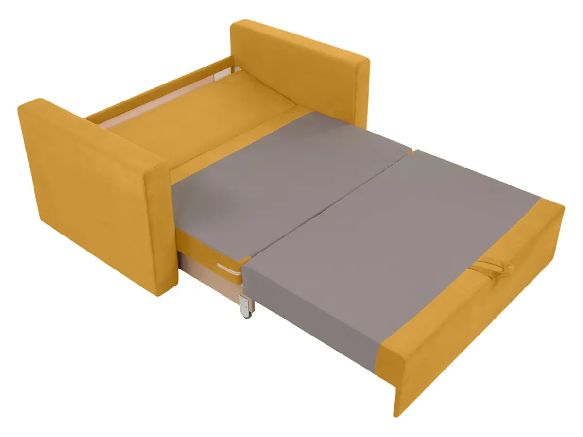 Sofá cama de dos plazas Bunio III con arcón amarillo