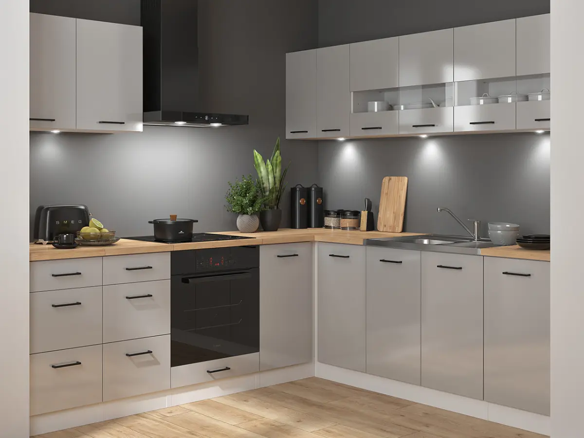 Conjunto de cocina rinconera Junona Line 220x240 gris claro brillo sin encimera