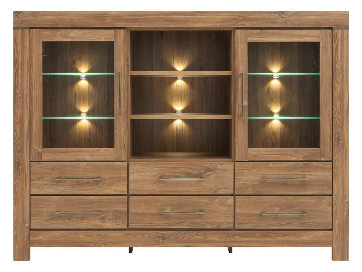 Cómoda Gent 166 cm vitrina con 2 puertas 6 cajones y 3 estantes roble stirling