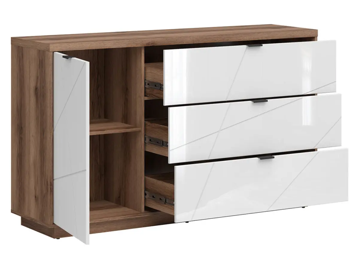 Cómoda Forn 156 cm con puertas y 3 cajones roble delano oscuro/blanco brillo