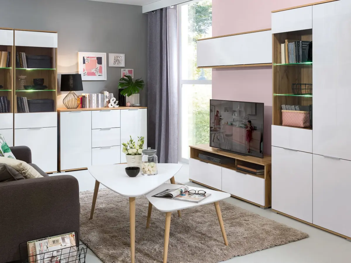 Vitrina Zele 90 cm con 4 puertas roble wotan/blanco brillo