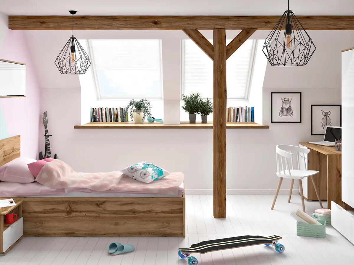 Cama Tetrix 90x200 con somier y contenedor roble wotan