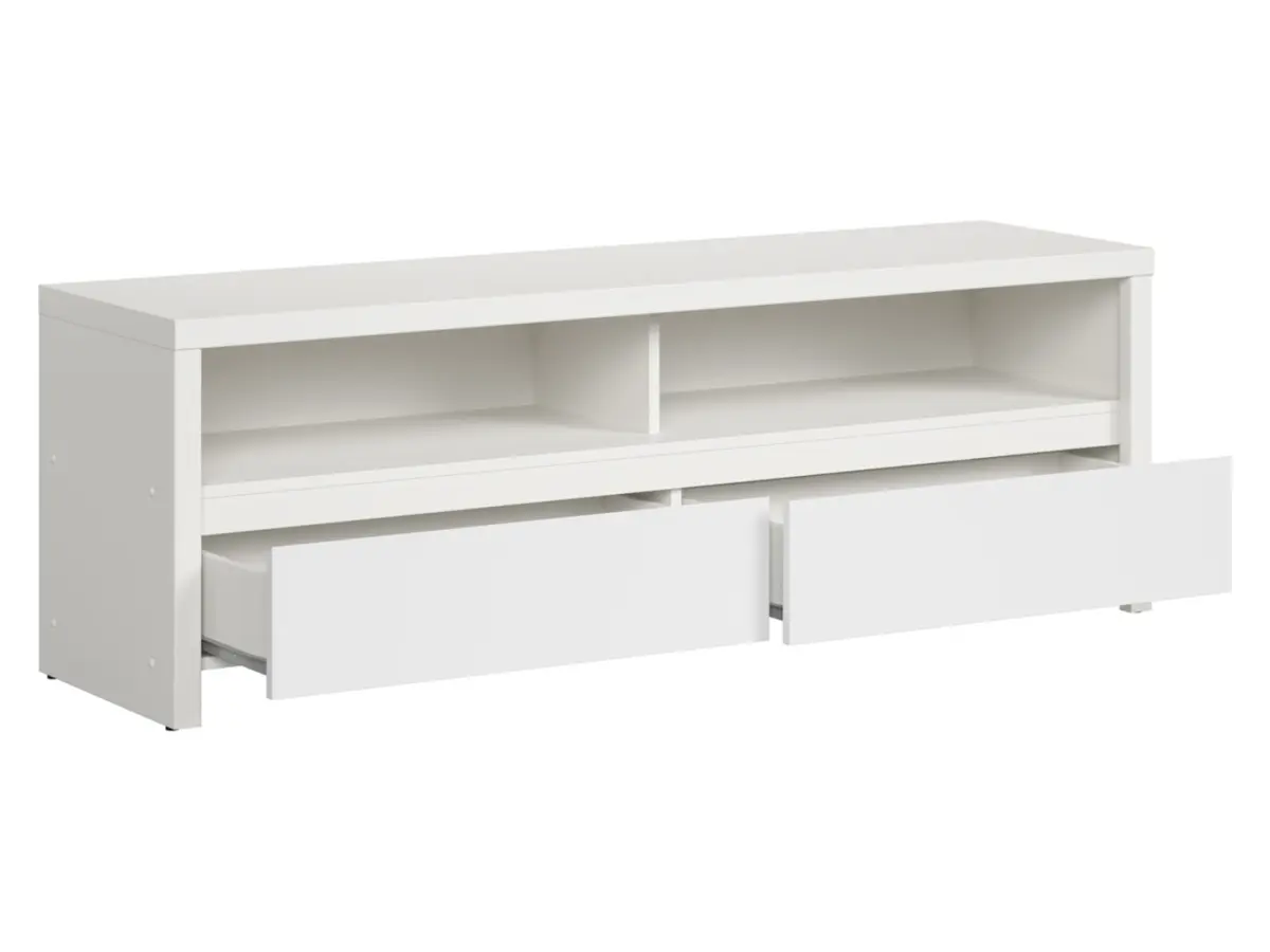 Mueble RTV Kaspian 143 cz con 2 cajones y un estante blanco