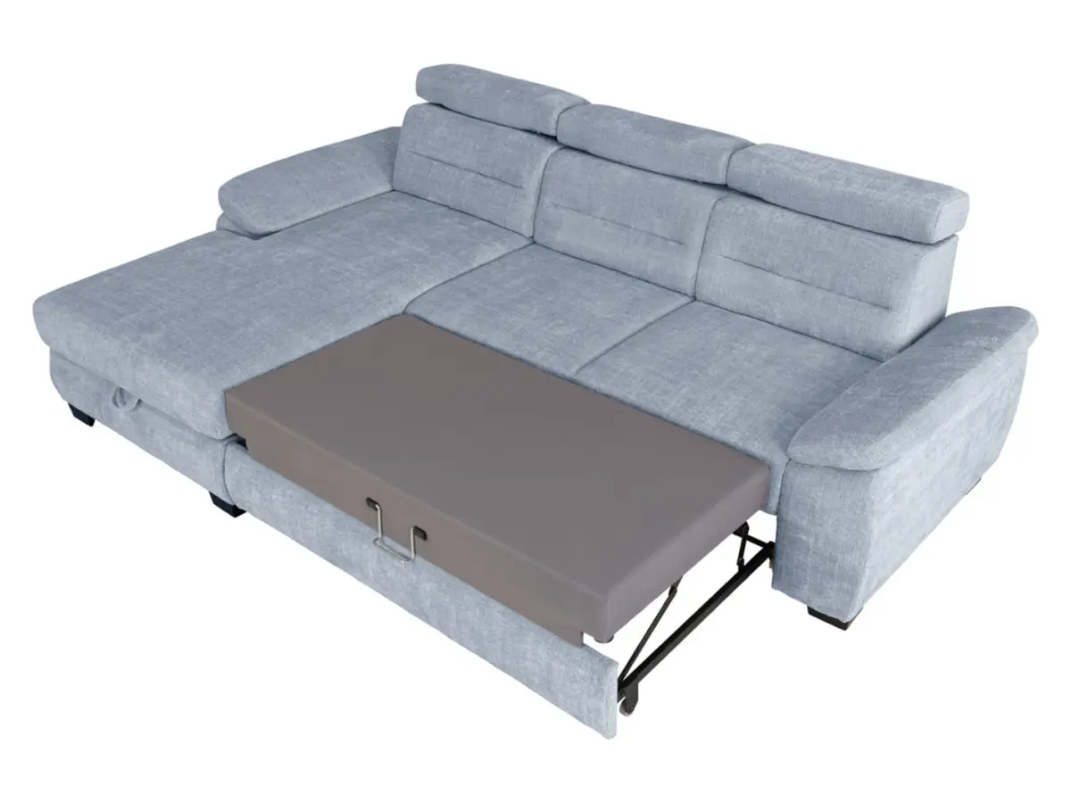 Sofá rinconera izquierdo Aguda convertible con arcón azul