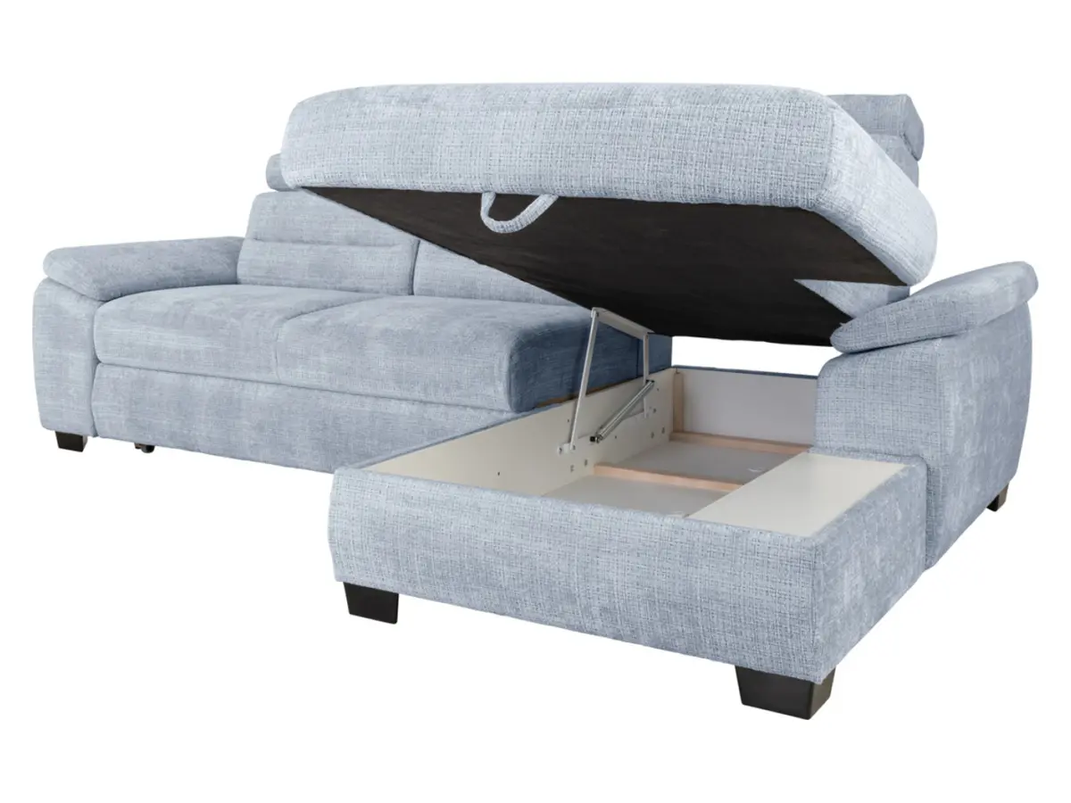 Sofá rinconera derecha Aguda convertible con arcón azul
