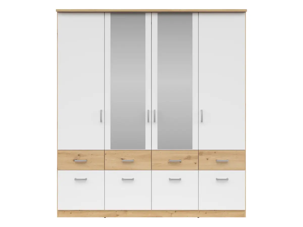 Armario de cuatro puertas Brando-4 181 cm con espejo y cajones roble artisan/blanco