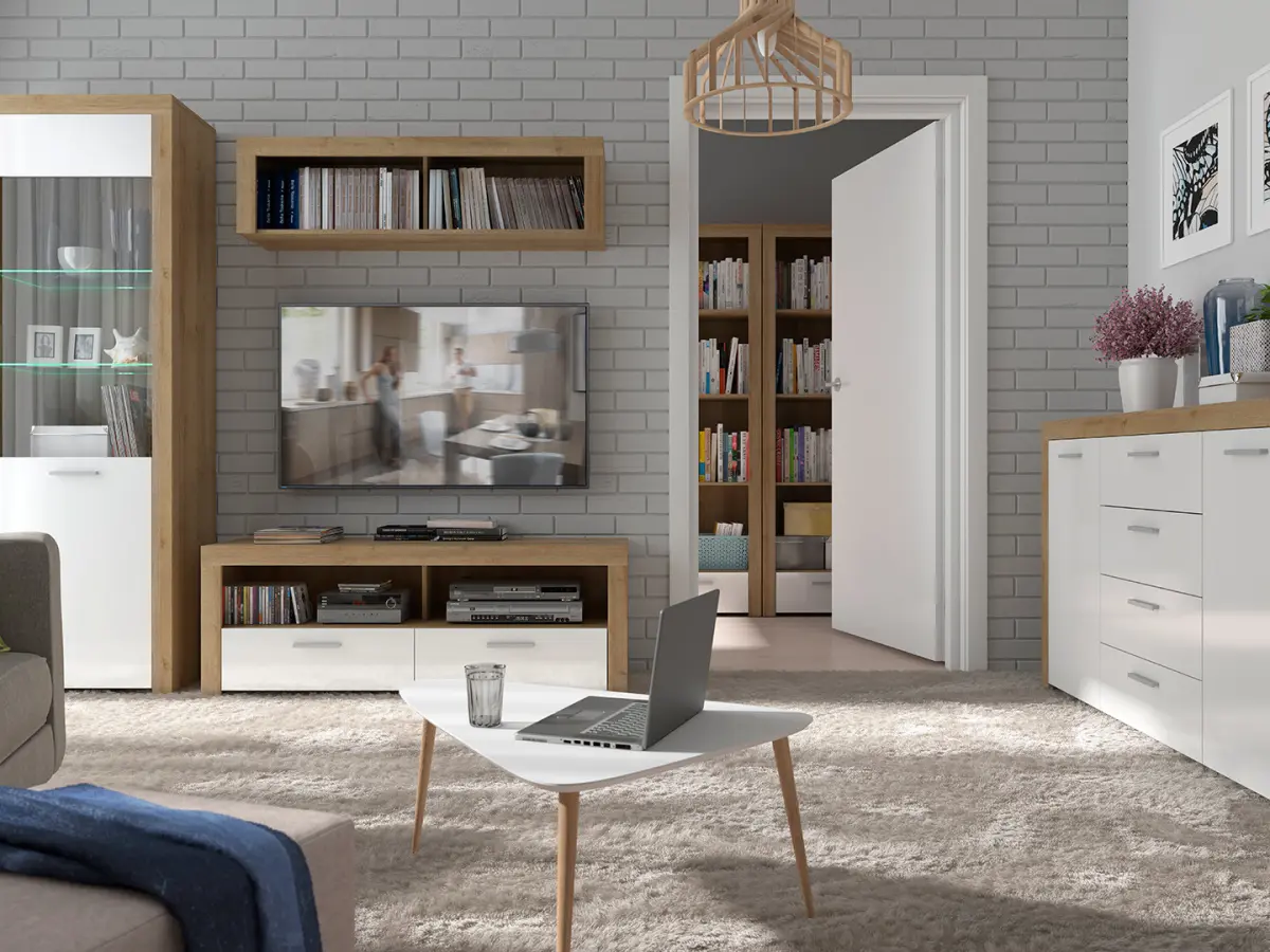 Display cabinet Balder 62 cm with doors riviera oak/white gloss