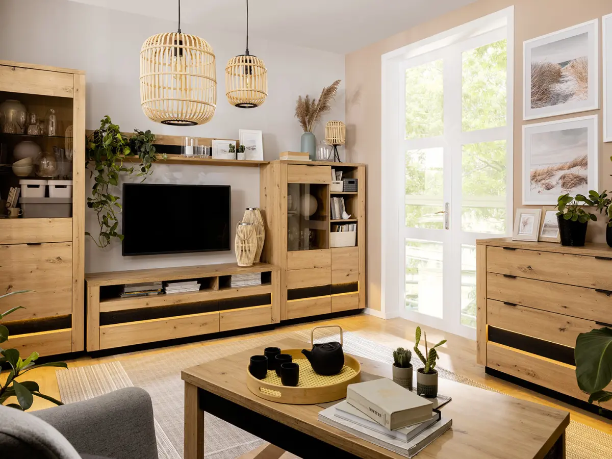 Mueble RTV Ostia 161 cm con 2 cajones y un estante roble artisan