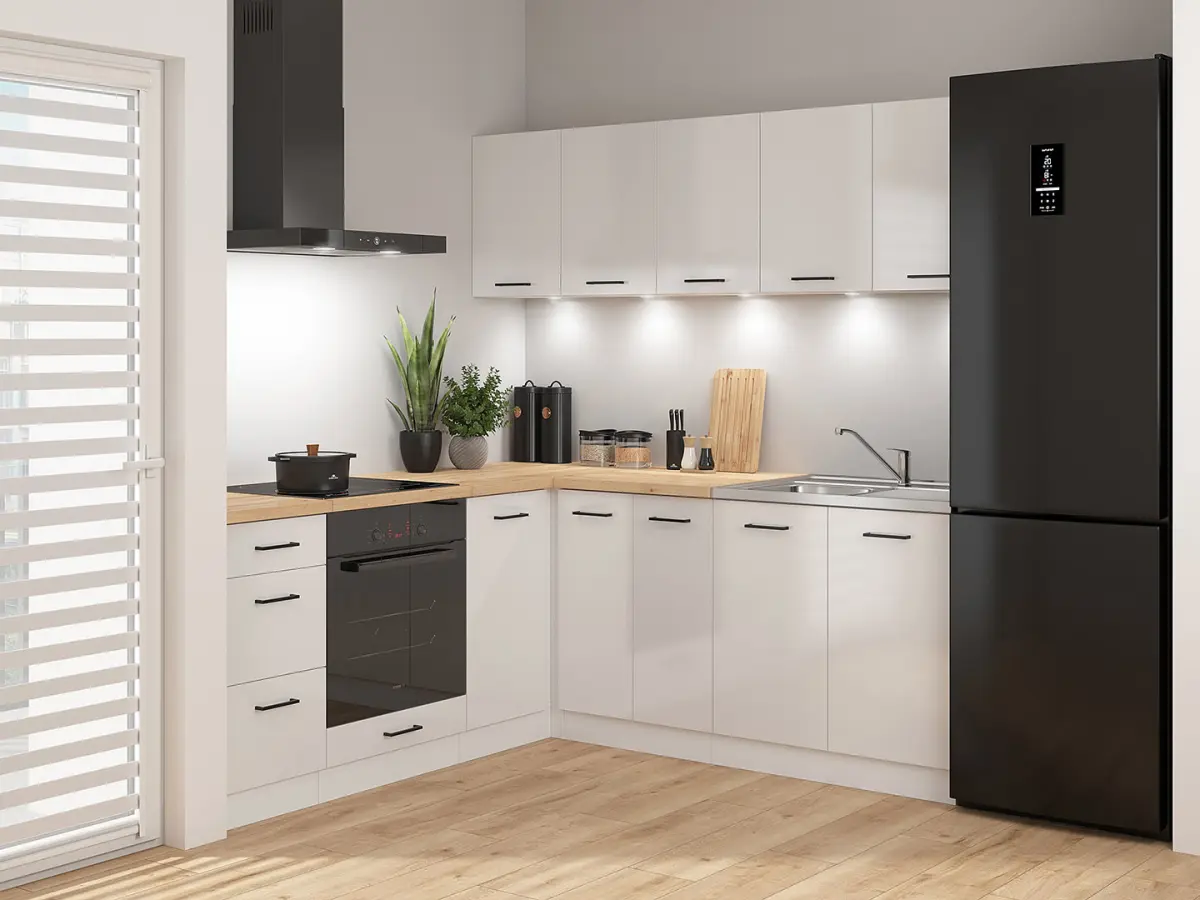 Conjunto de cocina de esquina Junona Line 200x200 brillo tiza con encimera