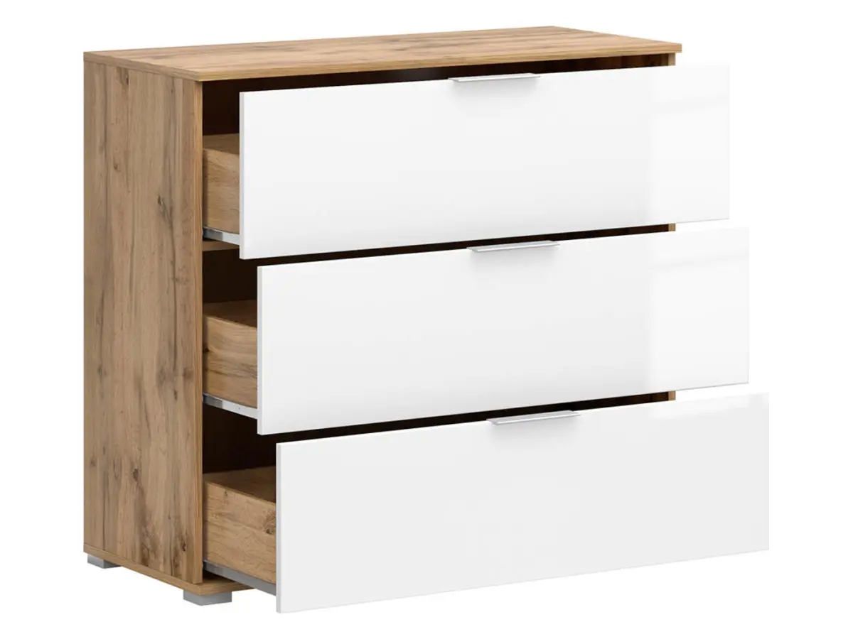 Cómoda Zele 95 cm con 3 cajones roble wotan/blanco brillo
