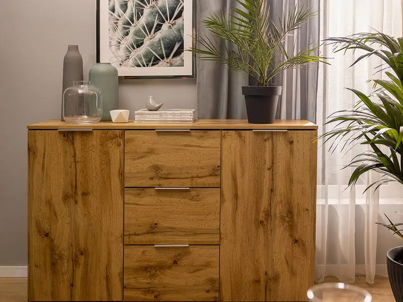 Cómoda Zele 135 cm con 2 puertas y 3 cajones roble wotan
