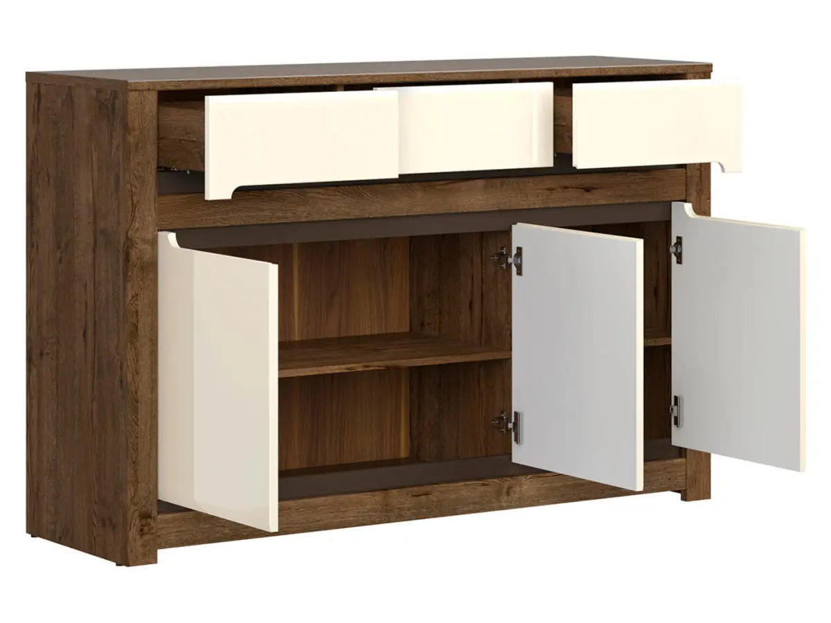 Cómoda Ruso 149 cm con 3 puertas y 3 cajones roble april/brillo perlado