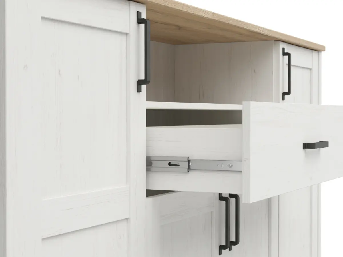 Cómoda Loksa 194 cm con 4 puertas, cajón y estante, pino andersen blanco/roble grandson