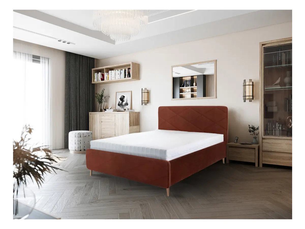 Cama tapizada Bondo 140x200 con arcón y somier naranja