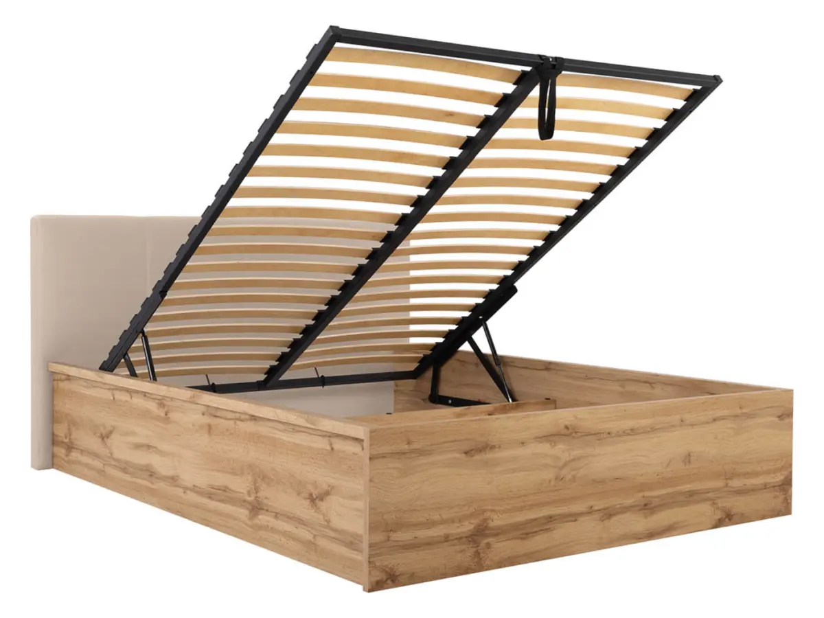 Cama Tetrix 160x200 con somier, arcón y cabecero tapizado roble wotan