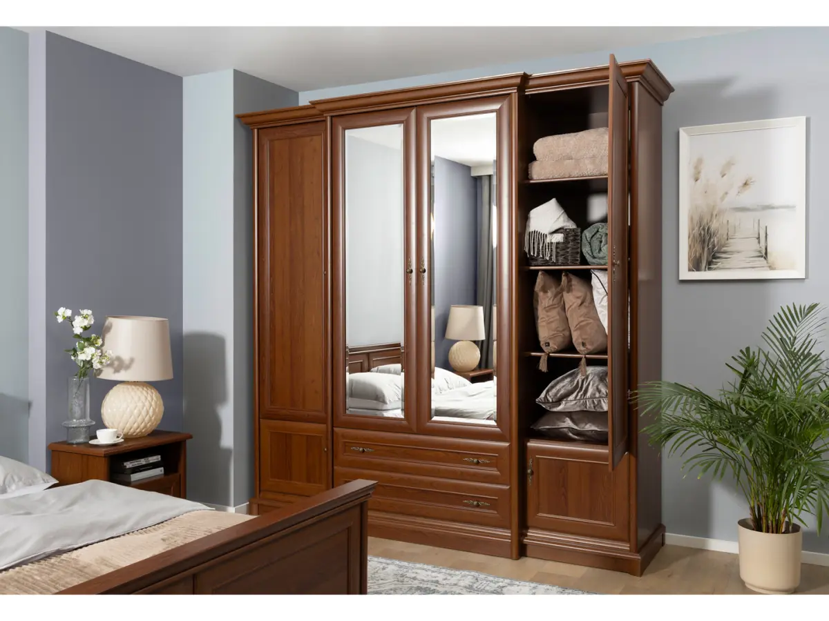 Armario de seis puertas Kent 227 cm con espejo y cajones castaño