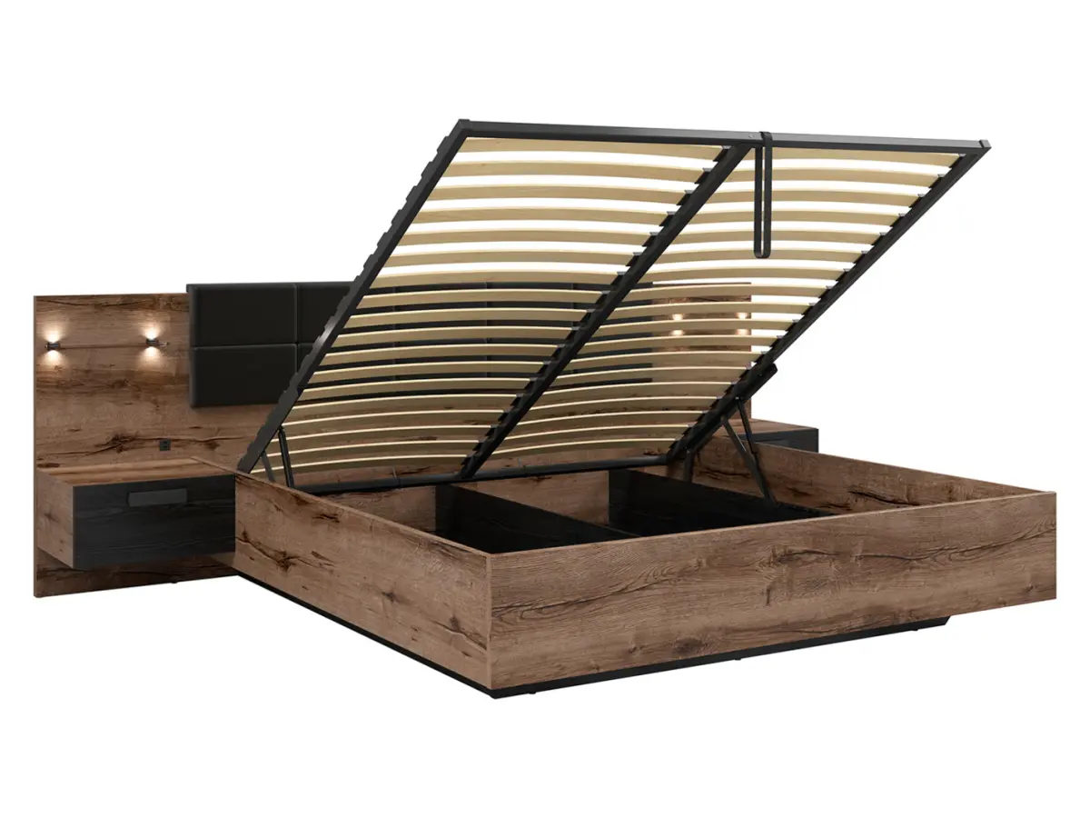 Conjunto Kassel cama 160 y mesitas de noche roble monastery/roble negro