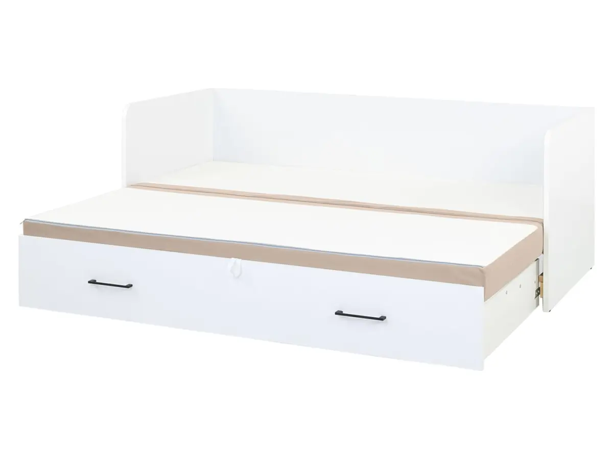 Cama extensible Tetrix blanco brillo 80-160x200 con contenedor colchón y cojines beige